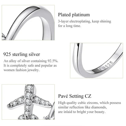 Genuine 925 Sterling Silver Flying Plane Open Adjustable Ring with Clear CZ - Fine jewellery - Rings