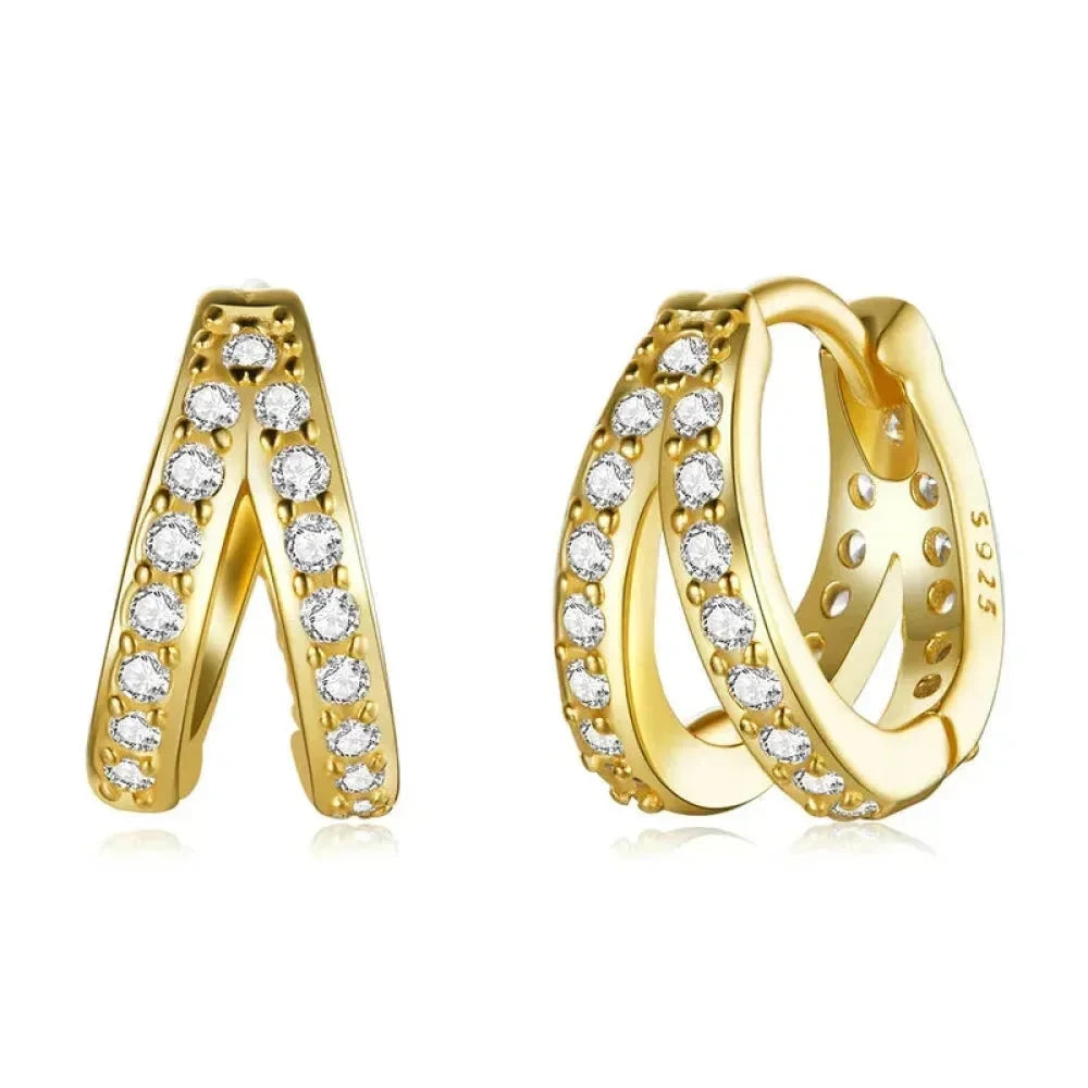 925 Sterling Silver Elegant Geometry Zircon Crystal Double Rings Ear Hoop Earrings - Gold