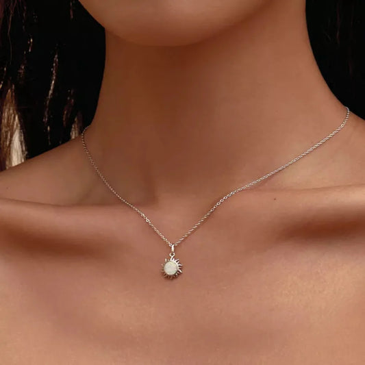 925 Sterling Silver White Opal Sun Pendant Necklace - Apollo Chain for Women - Necklaces
