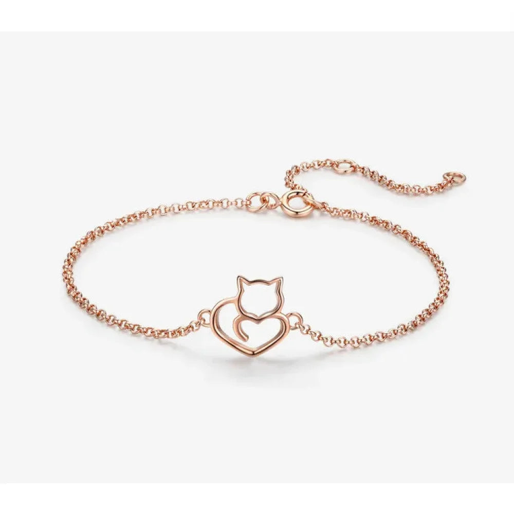 925 Sterling Silver Cat & Heart Link Chain Bracelets | Authentic jewellery Gift in 3 Colors
