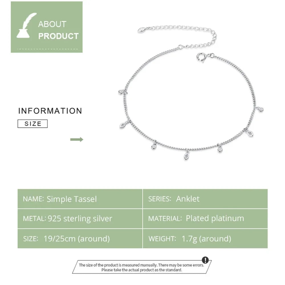 Authentic 925 Sterling Silver Minimalism Tassel Chain Anklet for Women - Anklets