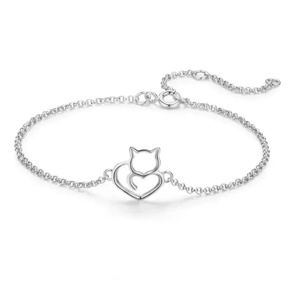 925 Sterling Silver Cat & Heart Link Chain Bracelets | Authentic jewellery Gift in 3 Colors