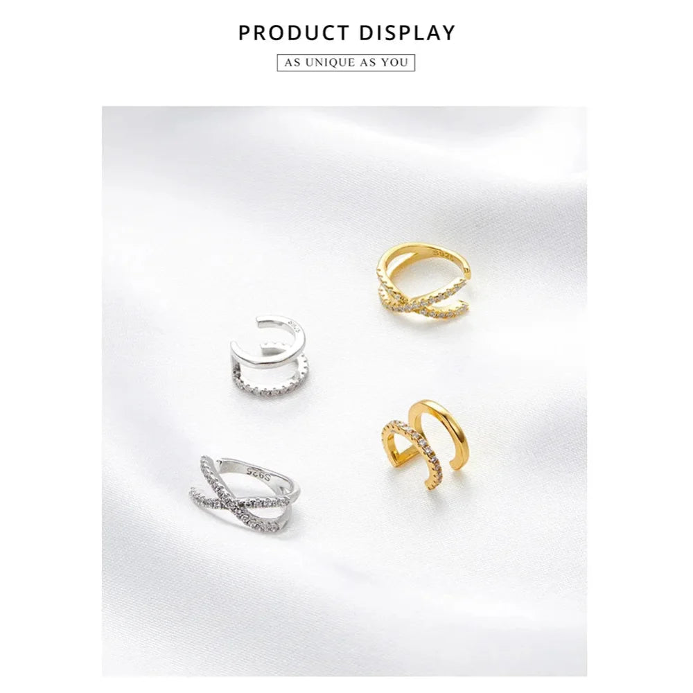 925 Sterling Silver Ear Cuff - Elegant Gold Color Clip Earrings for Women