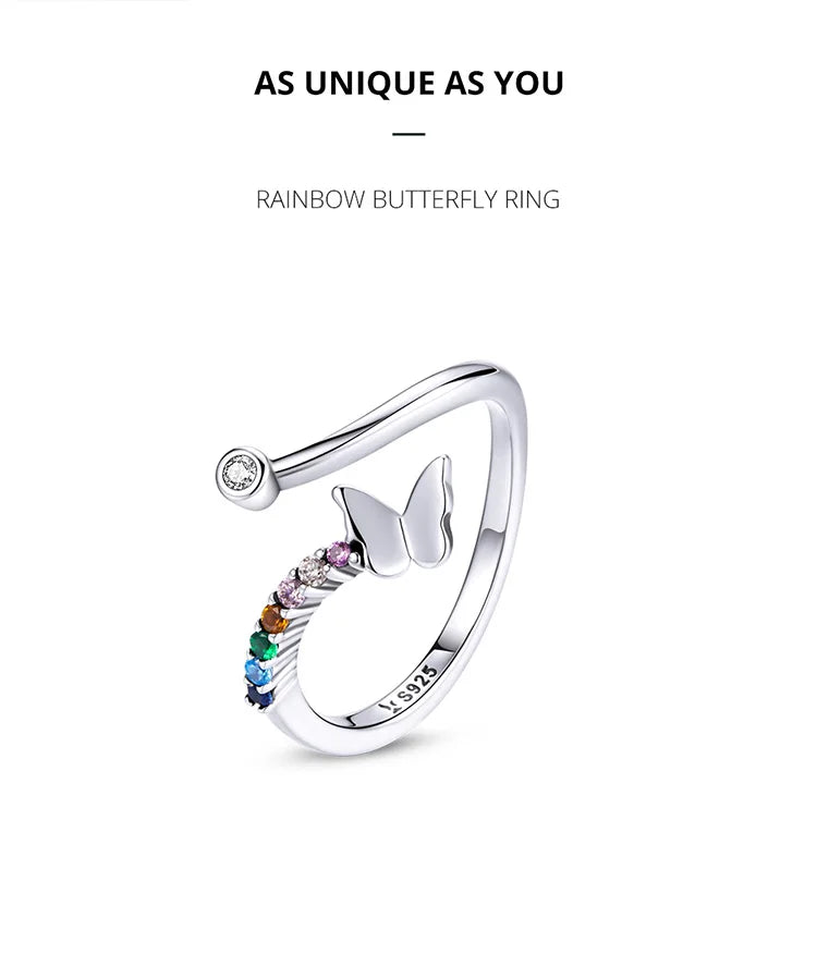 925 Sterling Silver Rainbow Butterfly Ring for Women - Adjustable Open with Colorful Zircon Stones - Rings