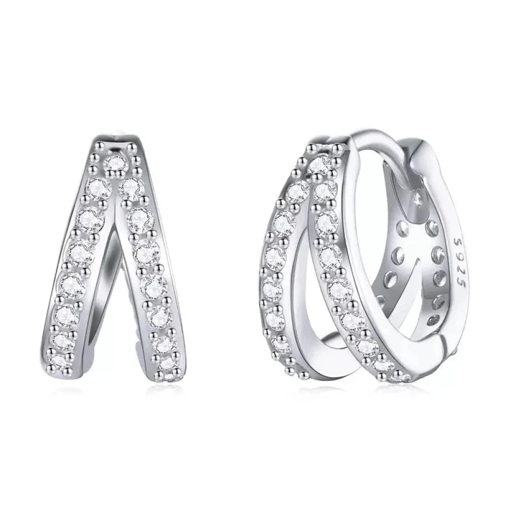 925 Sterling Silver Elegant Geometry Zircon Crystal Double Rings Ear Hoop Earrings