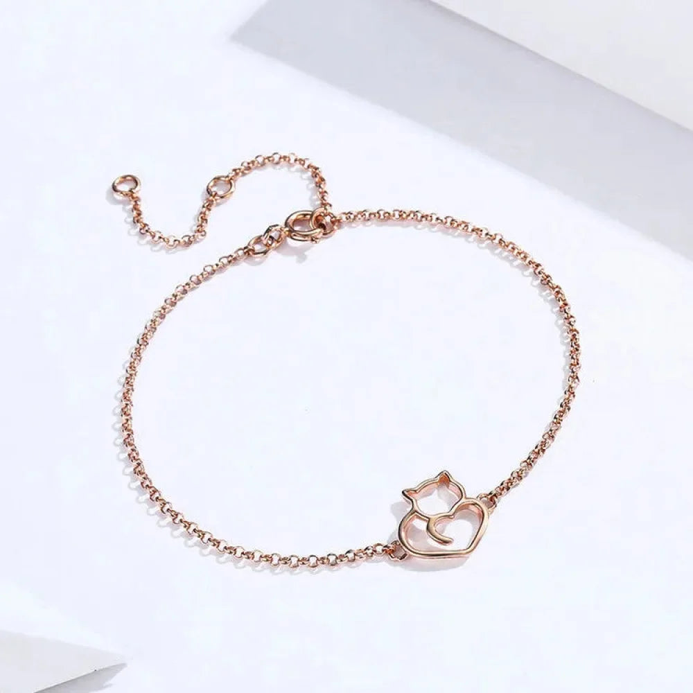925 Sterling Silver Cat & Heart Link Chain Bracelets | Authentic jewellery Gift in 3 Colors