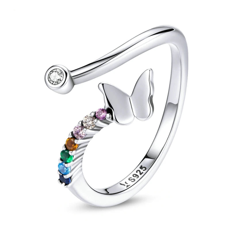 925 Sterling Silver Rainbow Butterfly Ring for Women - Adjustable Open with Colorful Zircon Stones - Rings