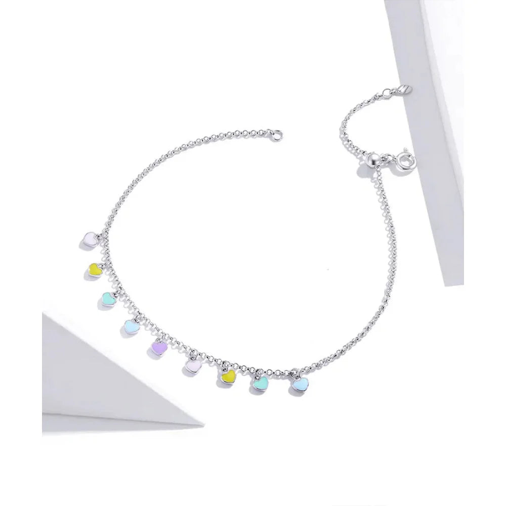 925 Sterling Silver Enamel Heart Pendant Chain Anklet for Women | Summer Foot Bracelet jewellery - Anklets