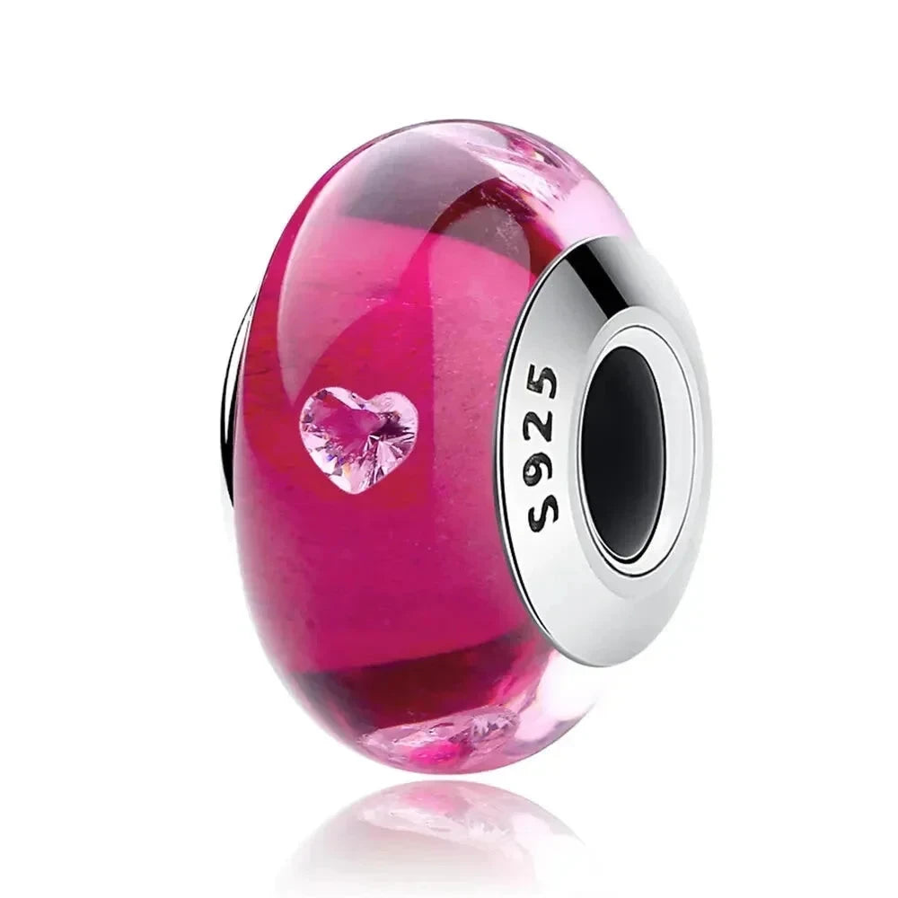 925 Sterling Silver Pink Flower Murano Glass Beads - DIY Bracelet Charms for a Festive Touch (SCZ001) - Scz040 - Bead