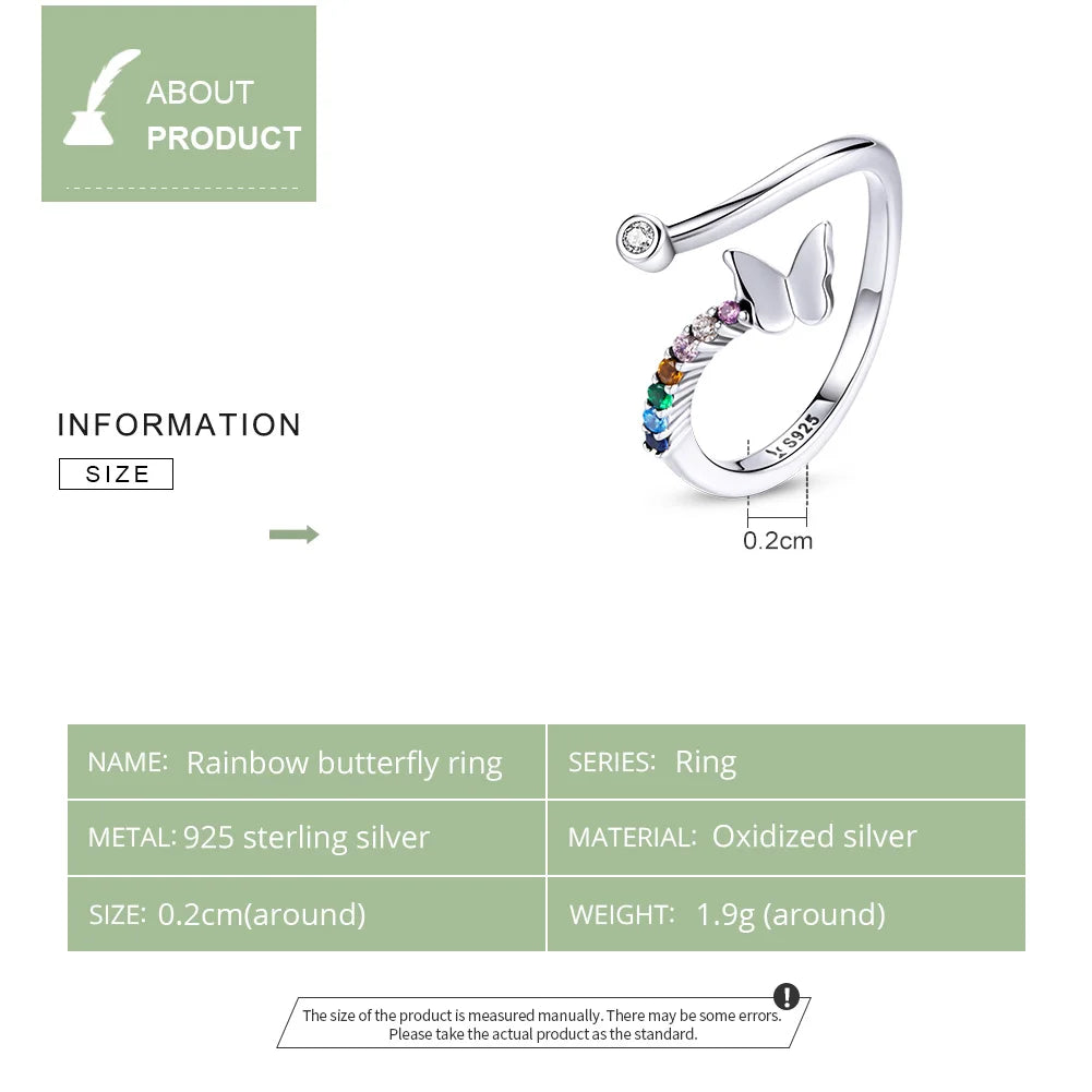 925 Sterling Silver Rainbow Butterfly Ring for Women - Adjustable Open with Colorful Zircon Stones - Rings