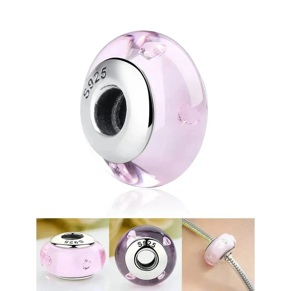 925 Sterling Silver Pink Flower Murano Glass Beads - DIY Bracelet Charms for a Festive Touch (SCZ001) - Scz003 - Bead