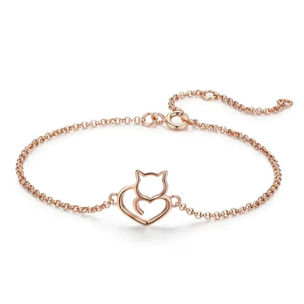925 Sterling Silver Cat & Heart Link Chain Bracelets | Authentic jewellery Gift in 3 Colors - Rose Gold