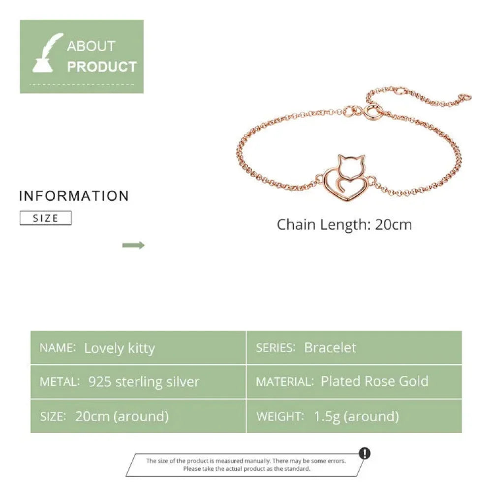 925 Sterling Silver Cat & Heart Link Chain Bracelets | Authentic jewellery Gift in 3 Colors