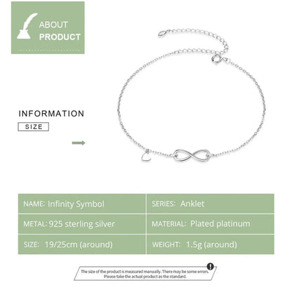 Elegant 925 Sterling Silver Infinity Chain Anklet - Trendy Summer Foot jewellery - Anklets