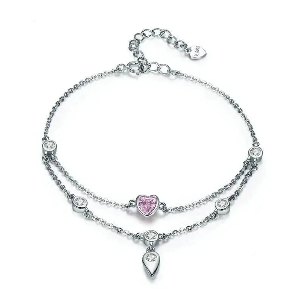 Double Layered Sterling Silver Bracelet with Pink CZ Hearts - Sweet and Stylish - Bracelets