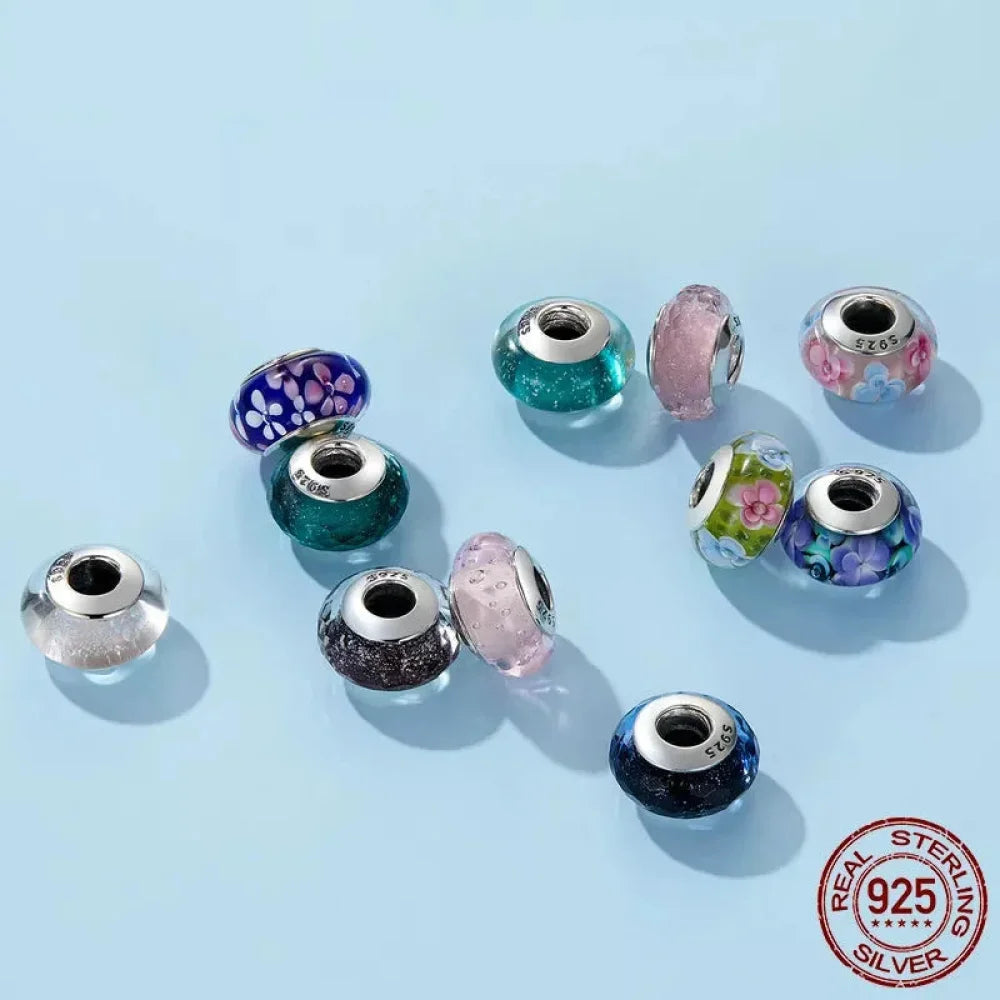 925 Sterling Silver Pink Flower Murano Glass Beads - DIY Bracelet Charms for a Festive Touch (SCZ001) - Bead