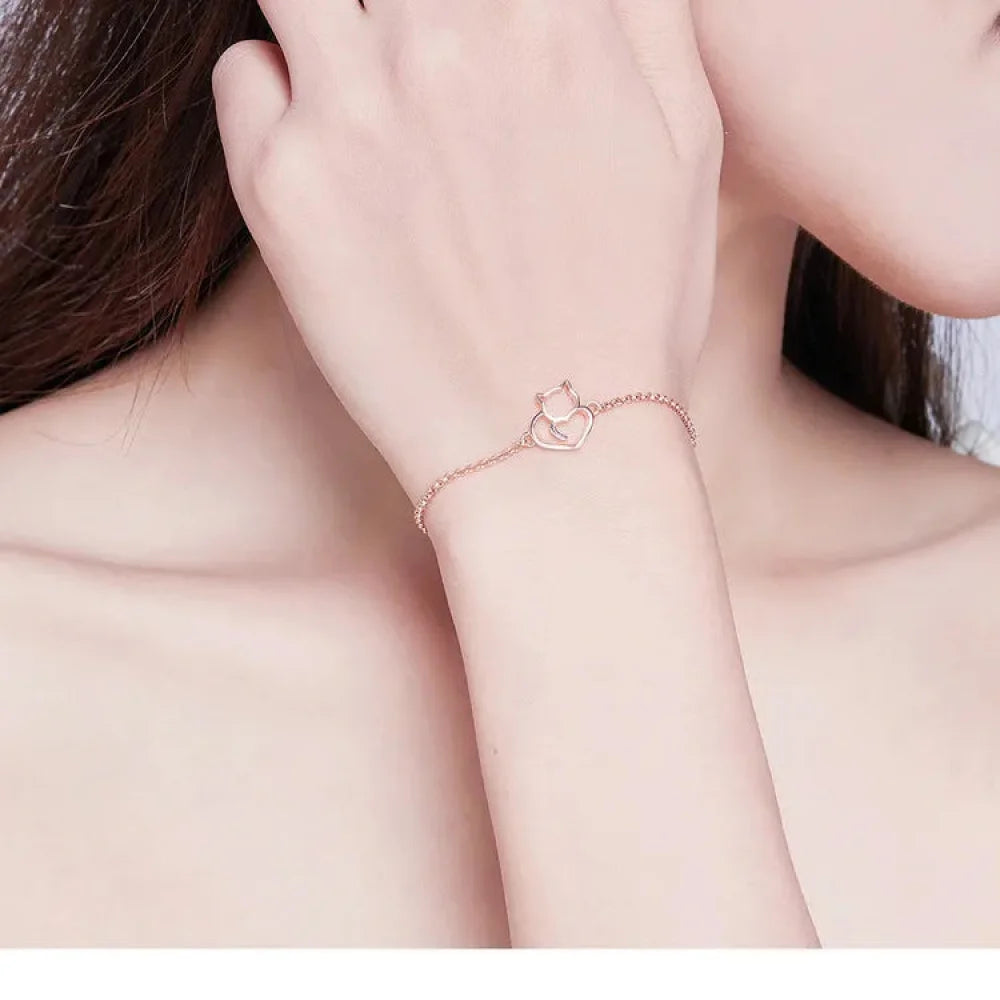 925 Sterling Silver Cat & Heart Link Chain Bracelets | Authentic jewellery Gift in 3 Colors