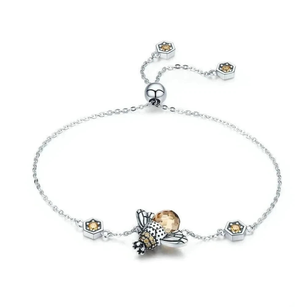 Sterling Silver Dancing Bee Bracelet with Crystal - Women’s Chain Link - Bracelets