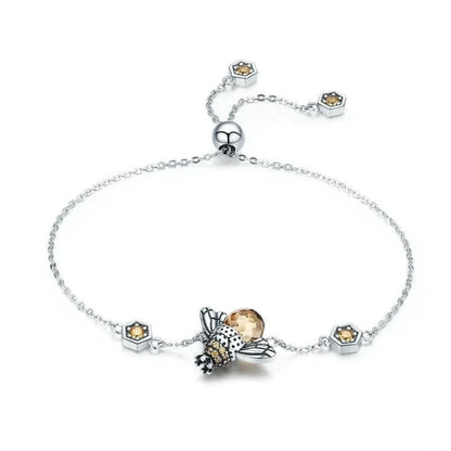 Sterling Silver Dancing Bee Bracelet with Crystal - Women’s Chain Link - Bracelets