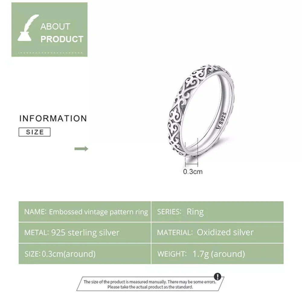 Vintage 925 Sterling Silver Embossed Pattern Ring - Elegant Fine jewellery for Women - Rings