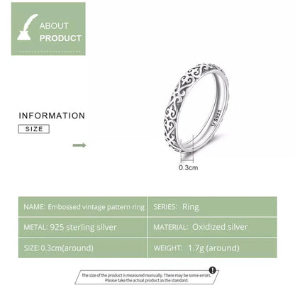 Vintage 925 Sterling Silver Embossed Pattern Ring - Elegant Fine jewellery for Women - Rings