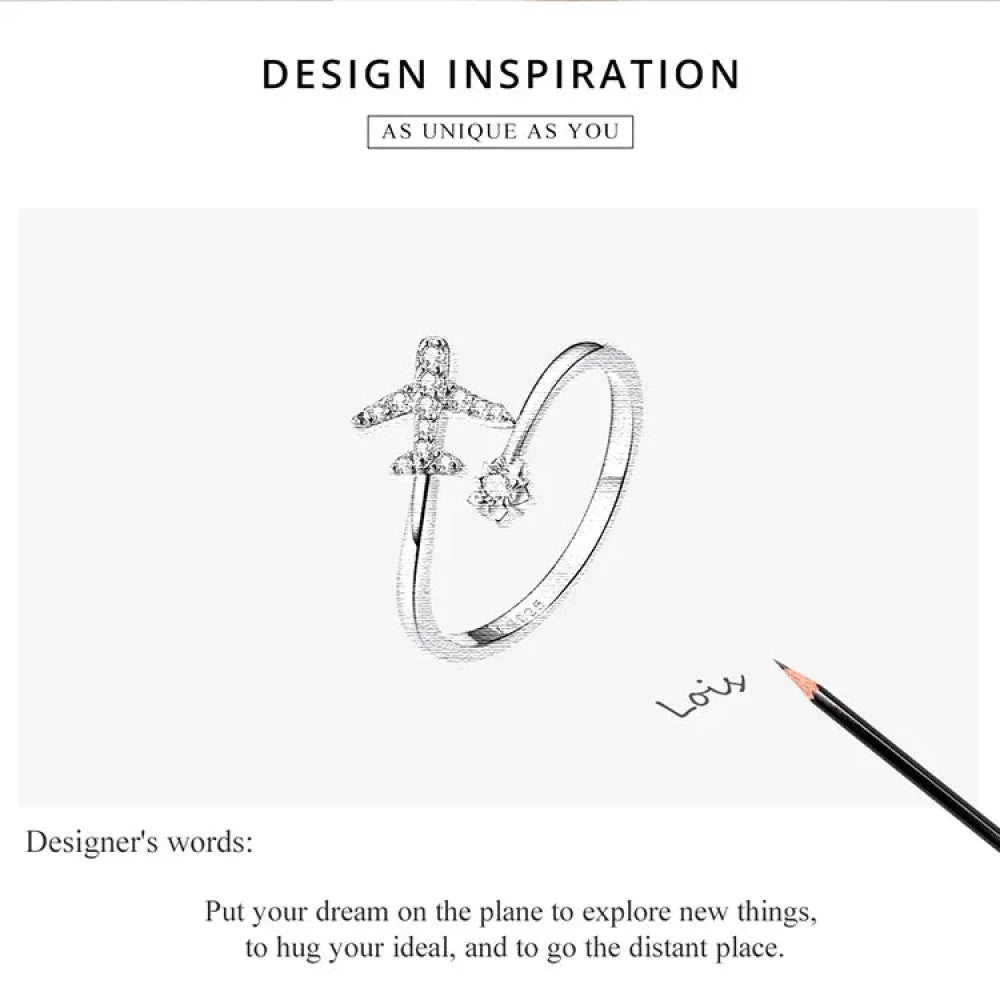 Genuine 925 Sterling Silver Flying Plane Open Adjustable Ring with Clear CZ - Fine jewellery - Rings