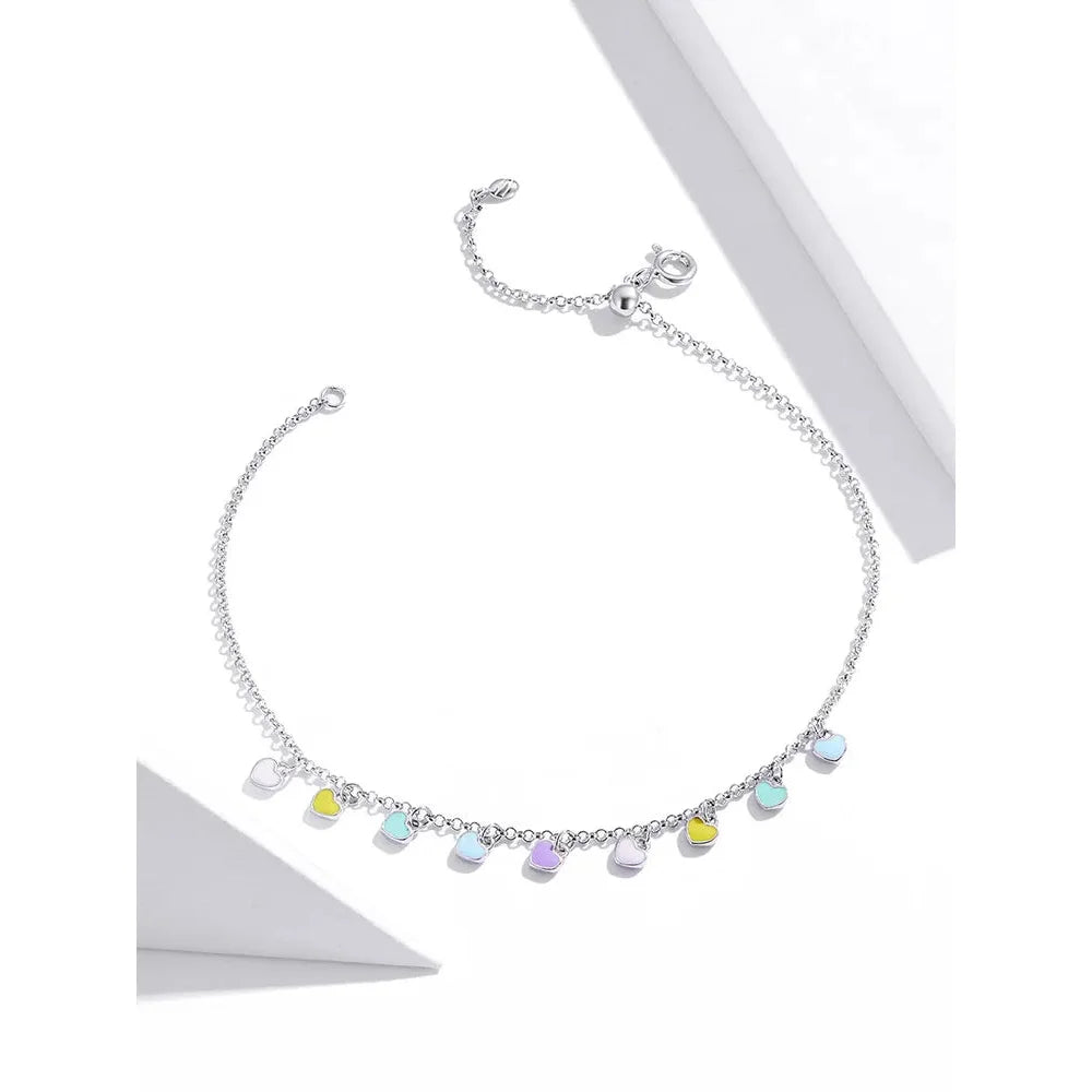925 Sterling Silver Enamel Heart Pendant Chain Anklet for Women | Summer Foot Bracelet jewellery - Anklets