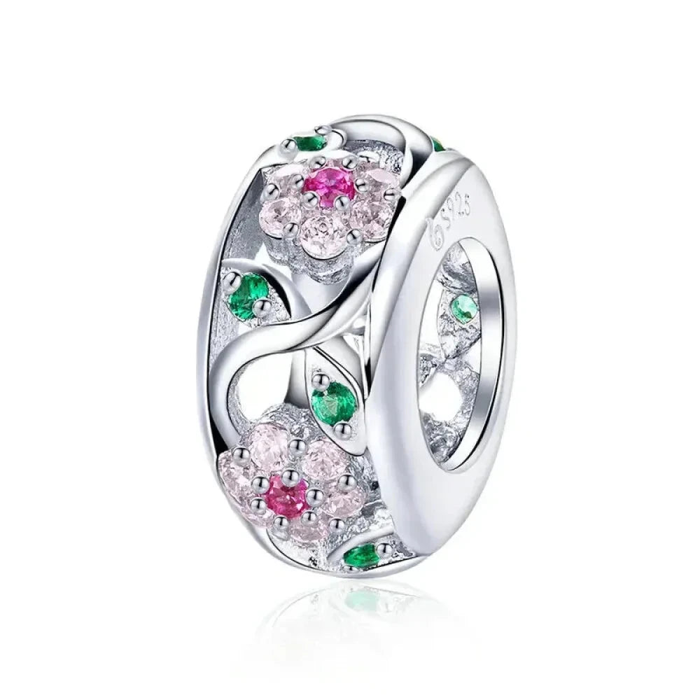925 Sterling Silver Colorful Birds Flowers Leaves CZ Pendant - jewellery Charm for Bracelets and Necklaces - Bsc039