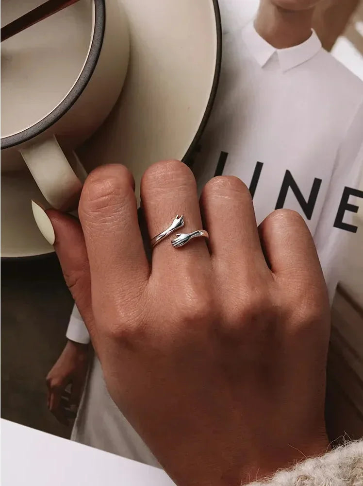 925 Sterling Silver Hug Warmth and Love Hand Adjustable Ring for Women - His Big Loving Hugs in 3 Colors - Rings