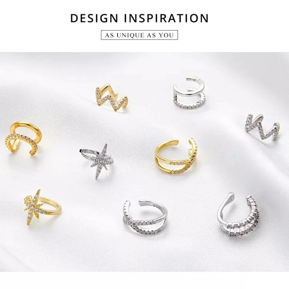 925 Sterling Silver Ear Cuff - Elegant Gold Color Clip Earrings for Women