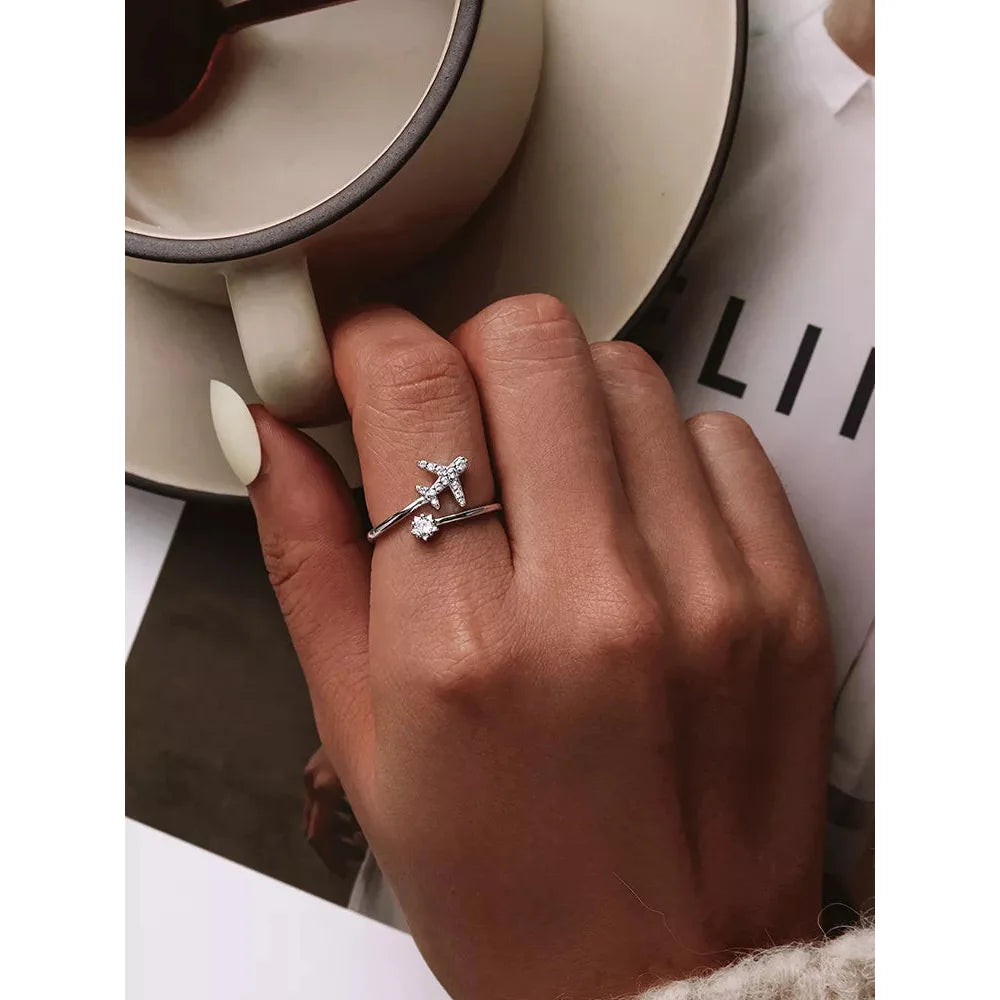 Genuine 925 Sterling Silver Flying Plane Open Adjustable Ring with Clear CZ - Fine jewellery - Rings