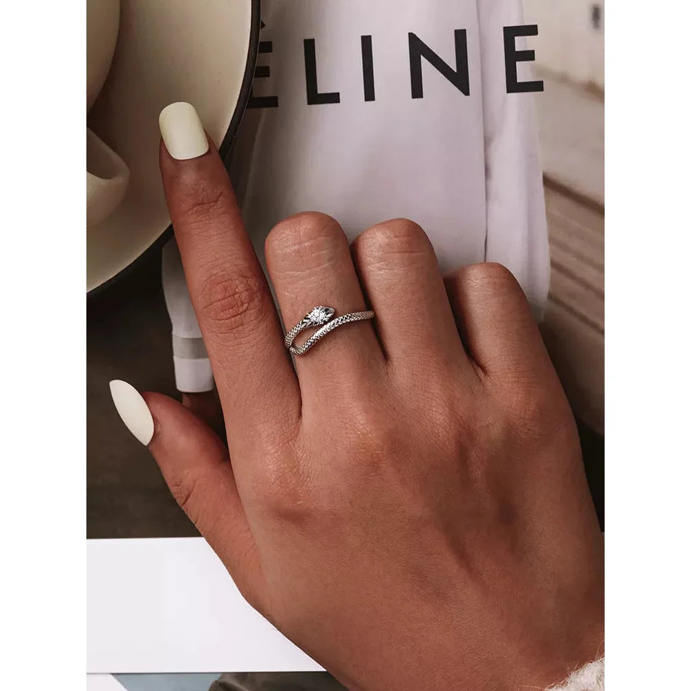 925 Sterling Silver Adjustable Snake Ring with Green Zircon - Fashion jewellery in 4 Colors - Rings