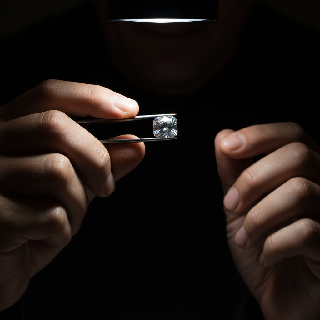 Moissanite held between tweezers against a dark background
