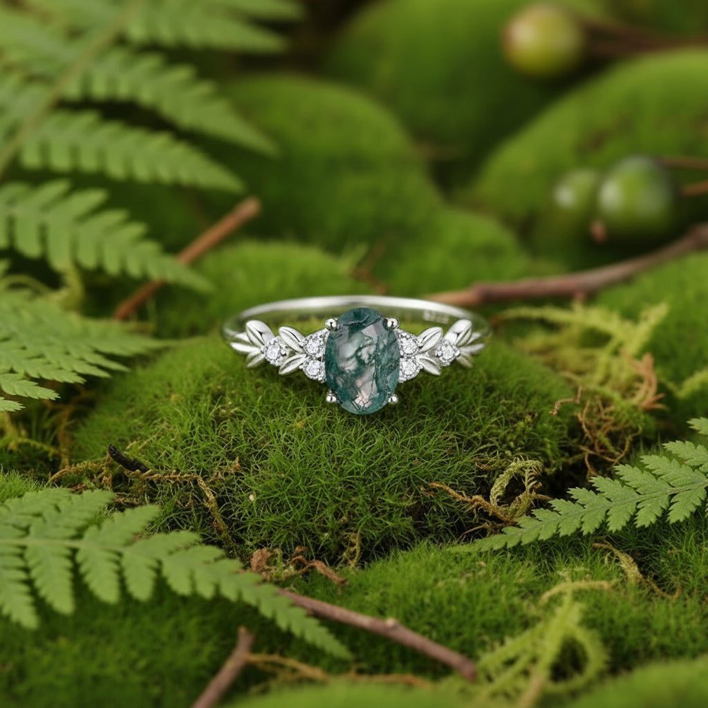 A sterling silver ring featuring an oval green mottled stone in the center, accented by small clear stones and leaf-like details on the band, shown on a green background.