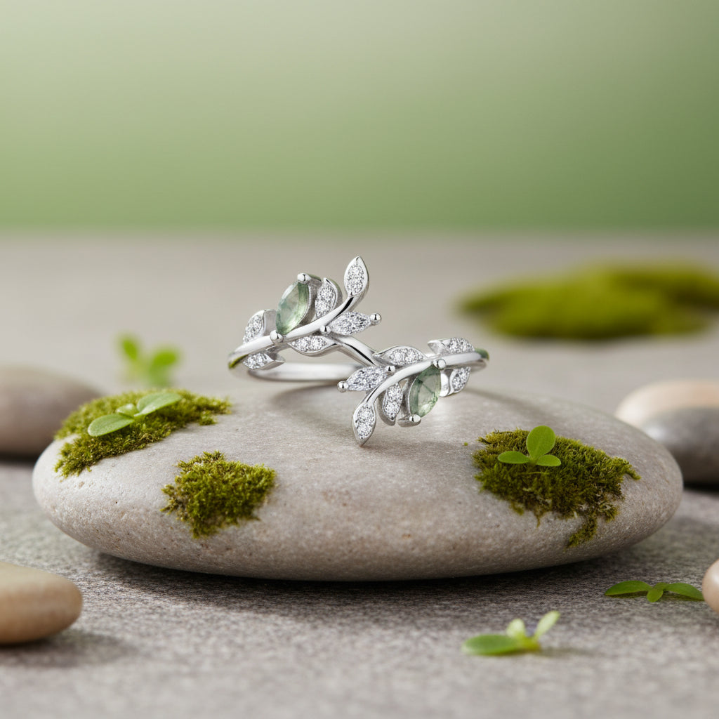 A silver branch ring with marquise-cut green gemstones and small clear stones, shown on a sage green background.