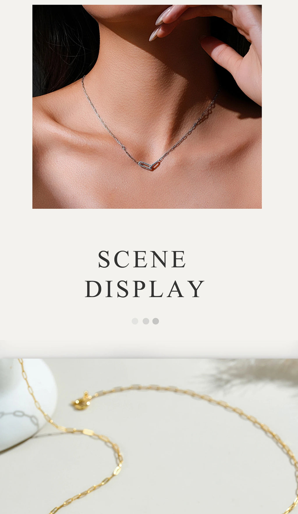 Necklace displayed on a person's neck with a plain background