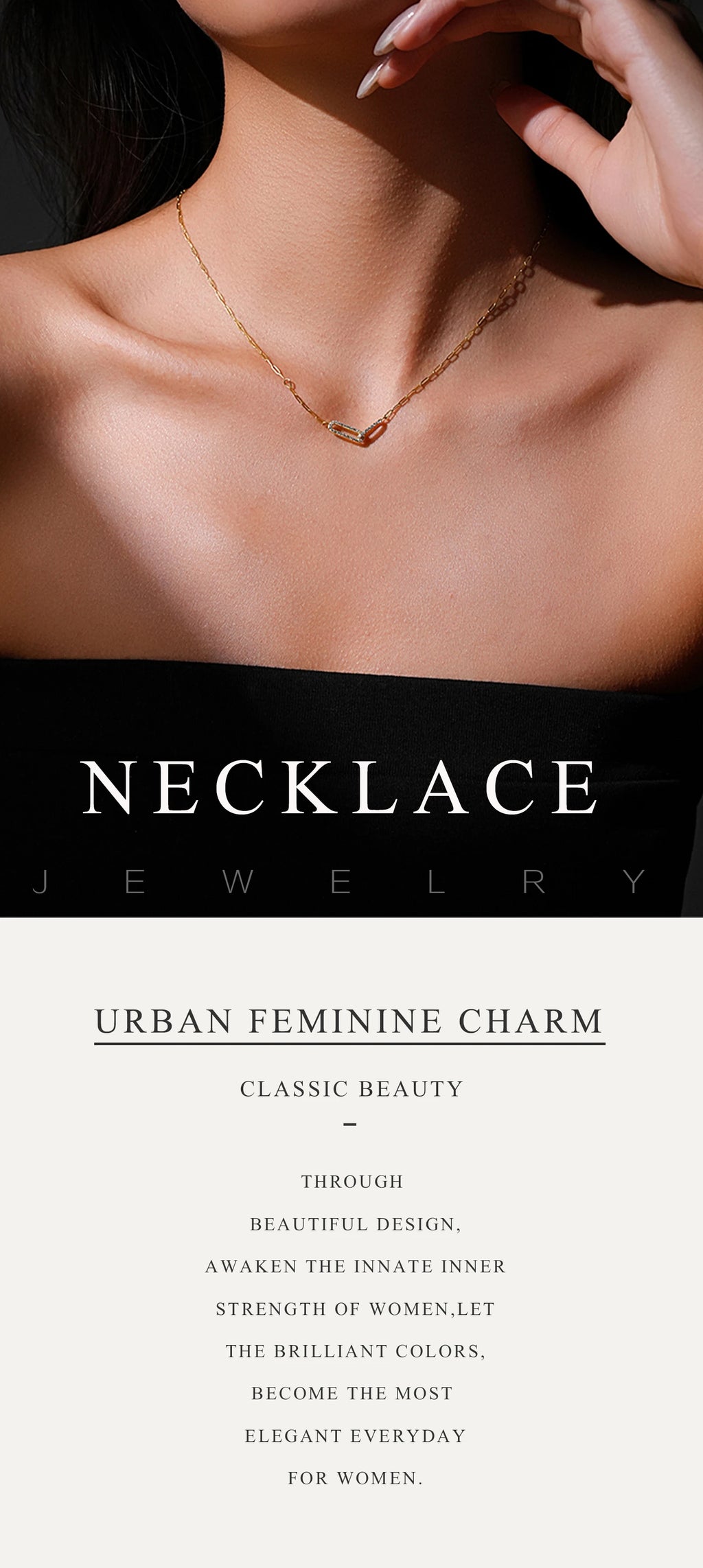 Necklace on a model with text about urban feminine charm and jewelry.