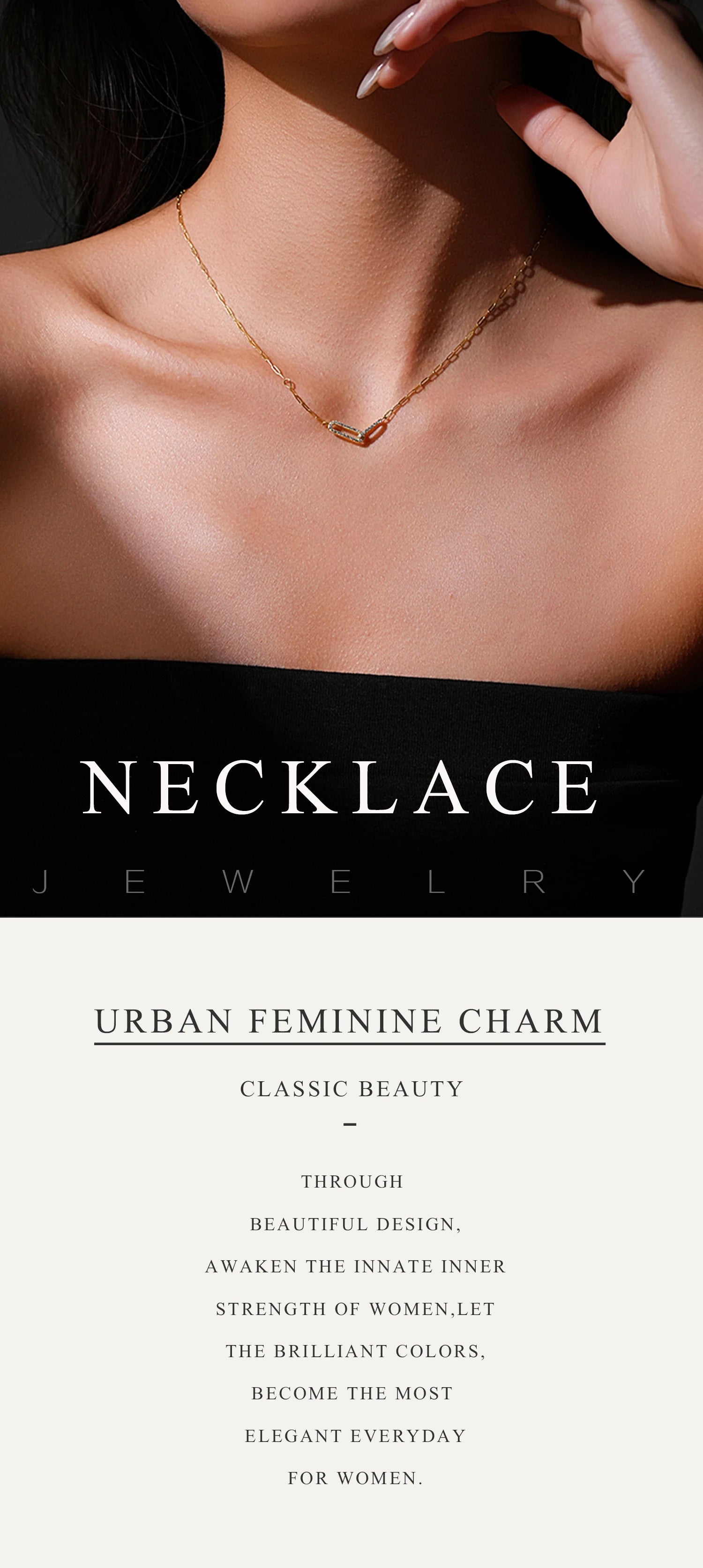 Necklace on a model with text about urban feminine charm and jewelry.
