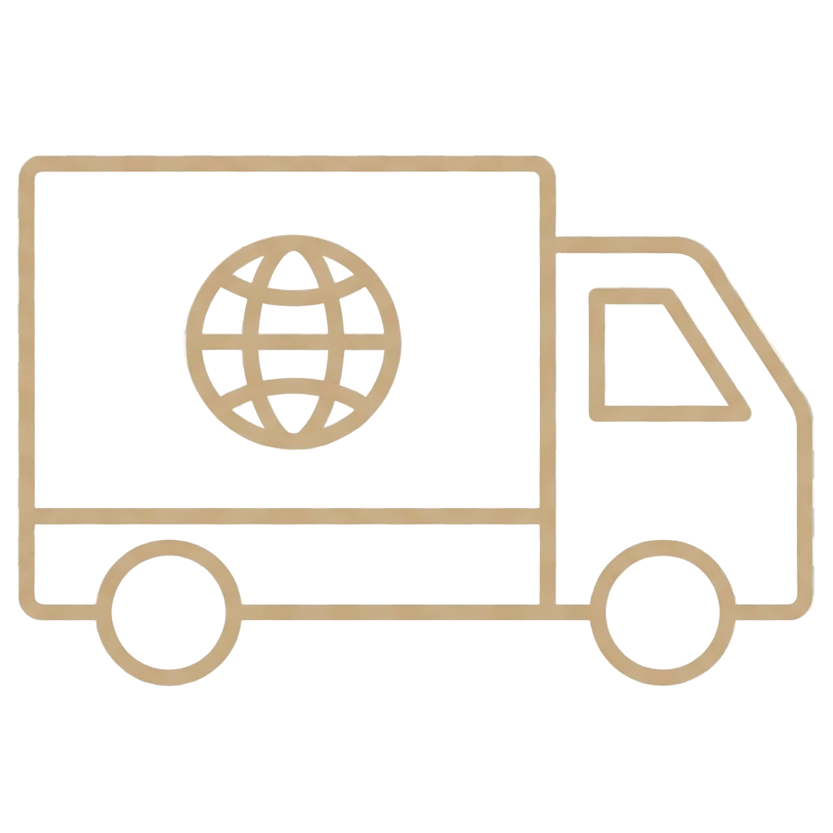 Outline of a delivery truck with a globe symbol on a white background