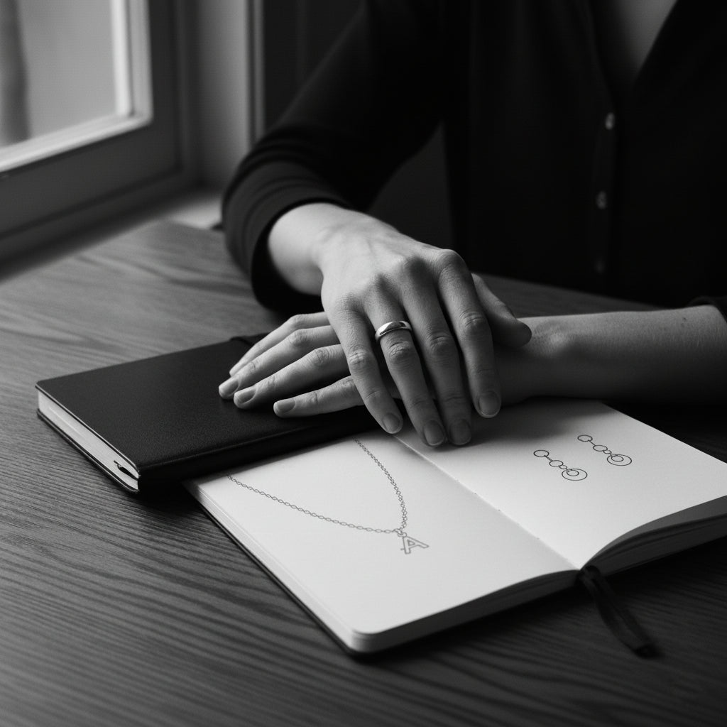 Person holding a black notebook over an open book with drawings on a wooden surface.