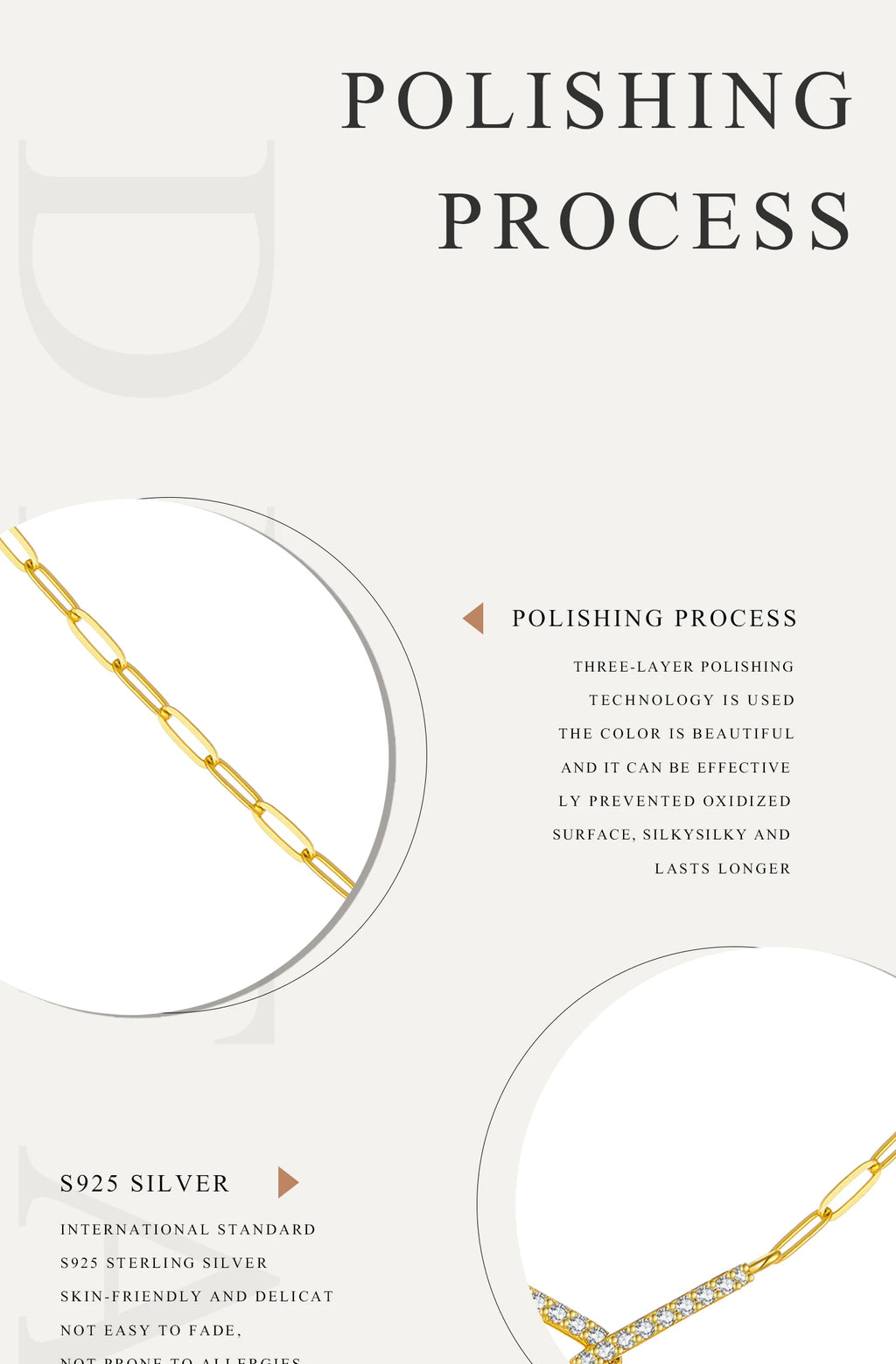 Polishing process text with gold necklace on a white background