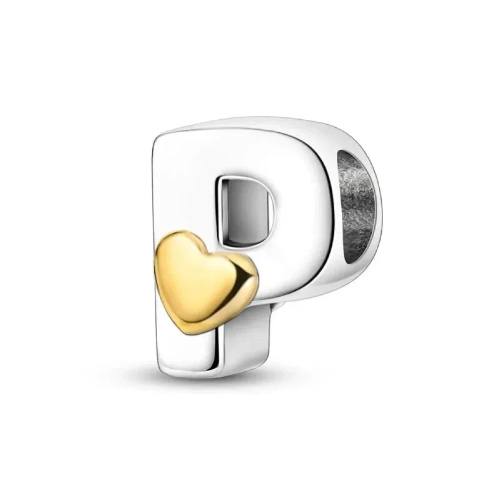 Personalize Your Bracelet: 925 Silver Alphabet Bead with Gold Heart - P - Charms