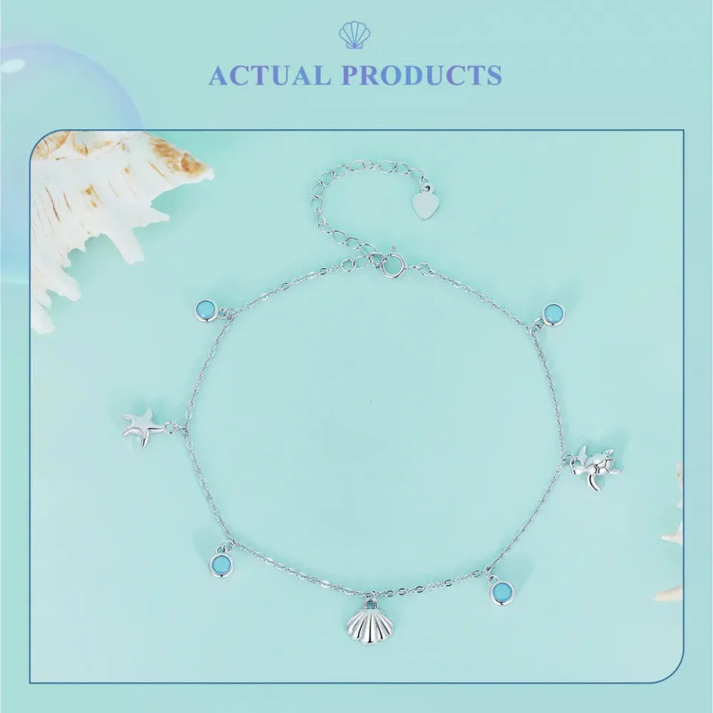 925 Sterling Silver Seastar and Shell Pendant Anklet | Simple Chain Foot jewellery for Women | Platinum Plated Summer