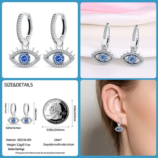 Sterling Silver Evil Eye Hoop Earrings With Blue Cubic Zirconia - Drop
