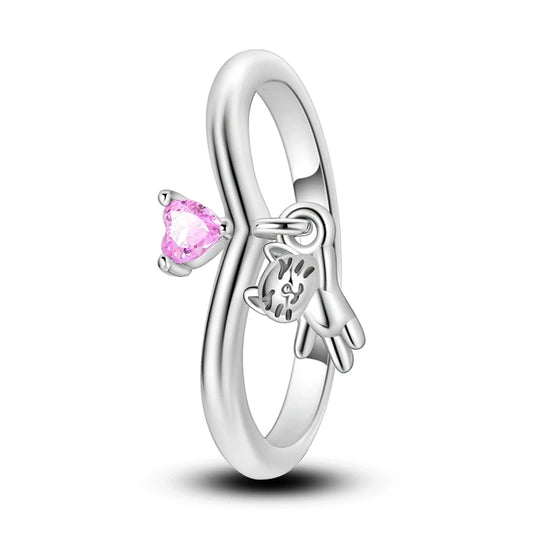 Playful Cat Heart Sterling Silver Ring - Rings
