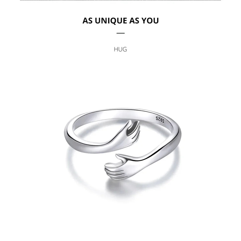 925 Sterling Silver Hug Warmth and Love Hand Adjustable Ring for Women - His Big Loving Hugs in 3 Colors - Rings