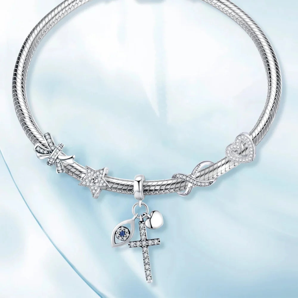 925 Sterling Silver Clear 5A Crystal Collection Family Heart Cross Charm Beads for Bracelet & Necklace Pendant - Charms