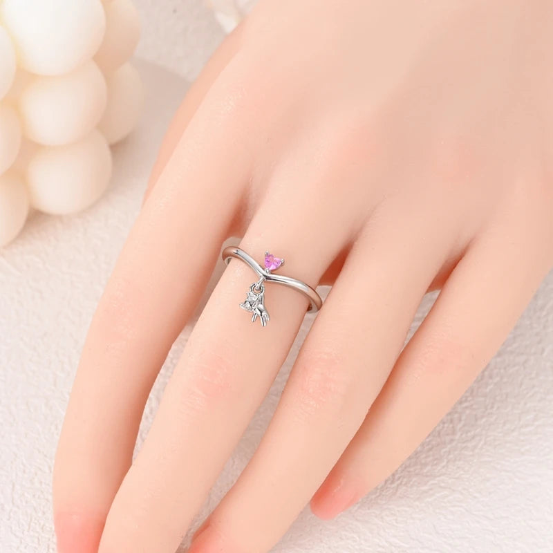 Playful Cat Heart Sterling Silver Ring - Rings
