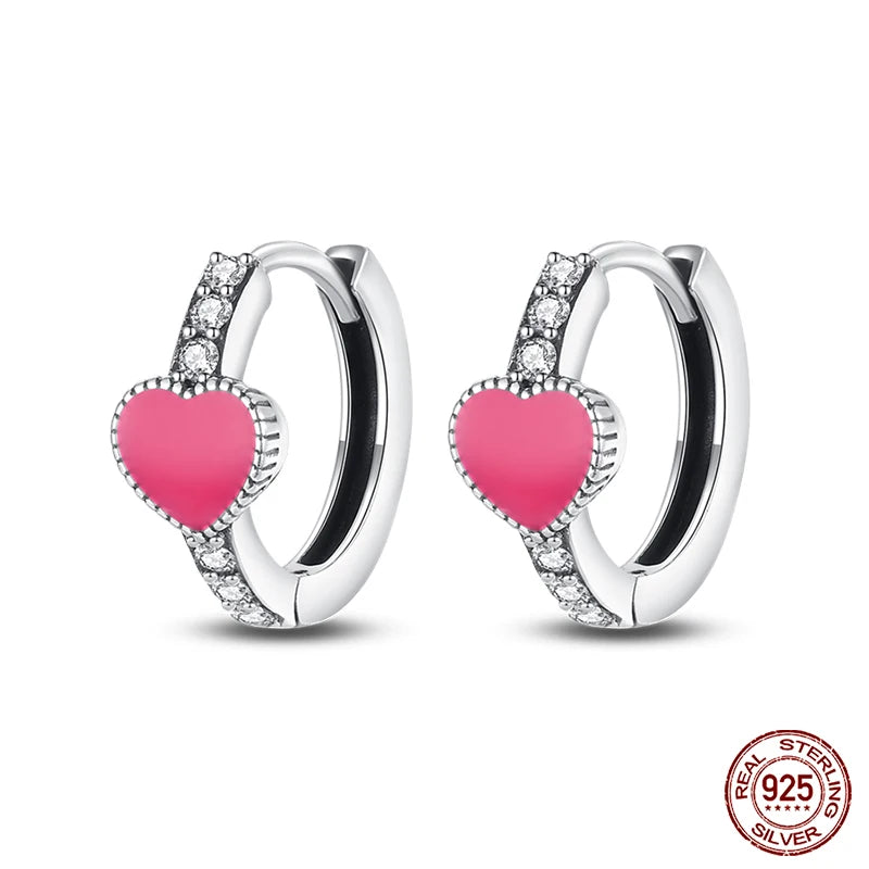Romantic Pink Heart Sterling Silver Huggie Hoop Earrings with Cubic Zirconia