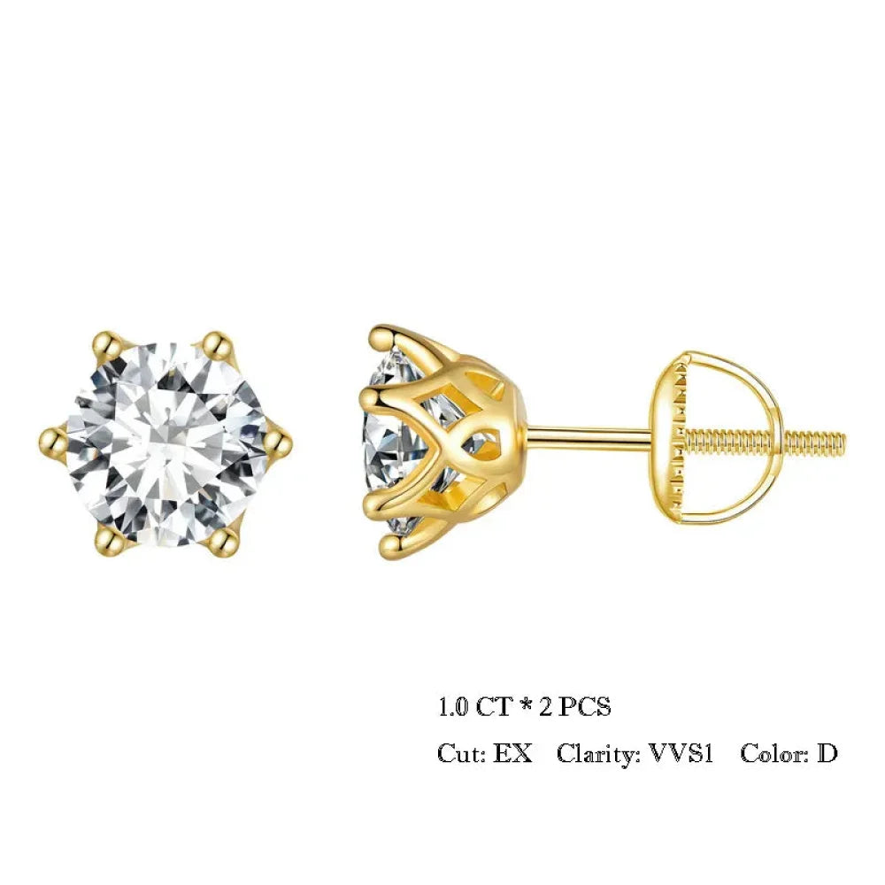 Radiant Moissanite Stud Earrings | D Color Round Cut 925 Silver Gold Plated 1.0Ct X 2